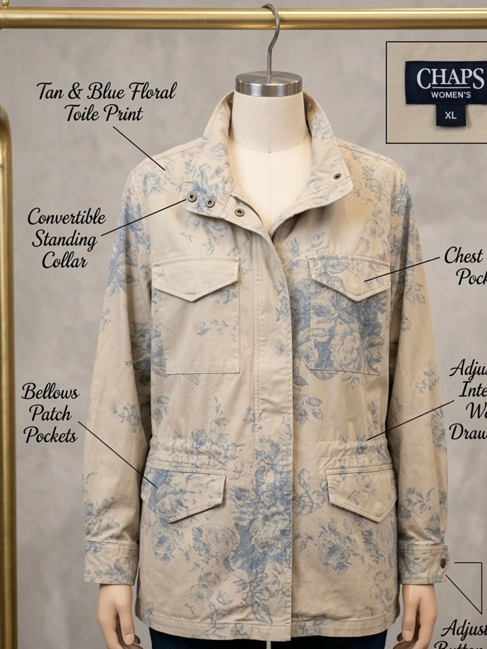 Chaps Tan & Blue Floral Print Utility Jacket Size XL Womens Cottagecore